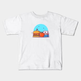 Burger with Milk, Flag, and Apple Fruit Cartoon Vector Icon Illustration Kids T-Shirt